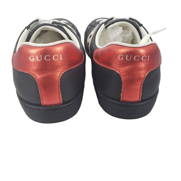 Gucci Mens Ace Stripe Sneakers Black White Stripe Red Heel Designer Low Top Shoe - Picture 7 of 12